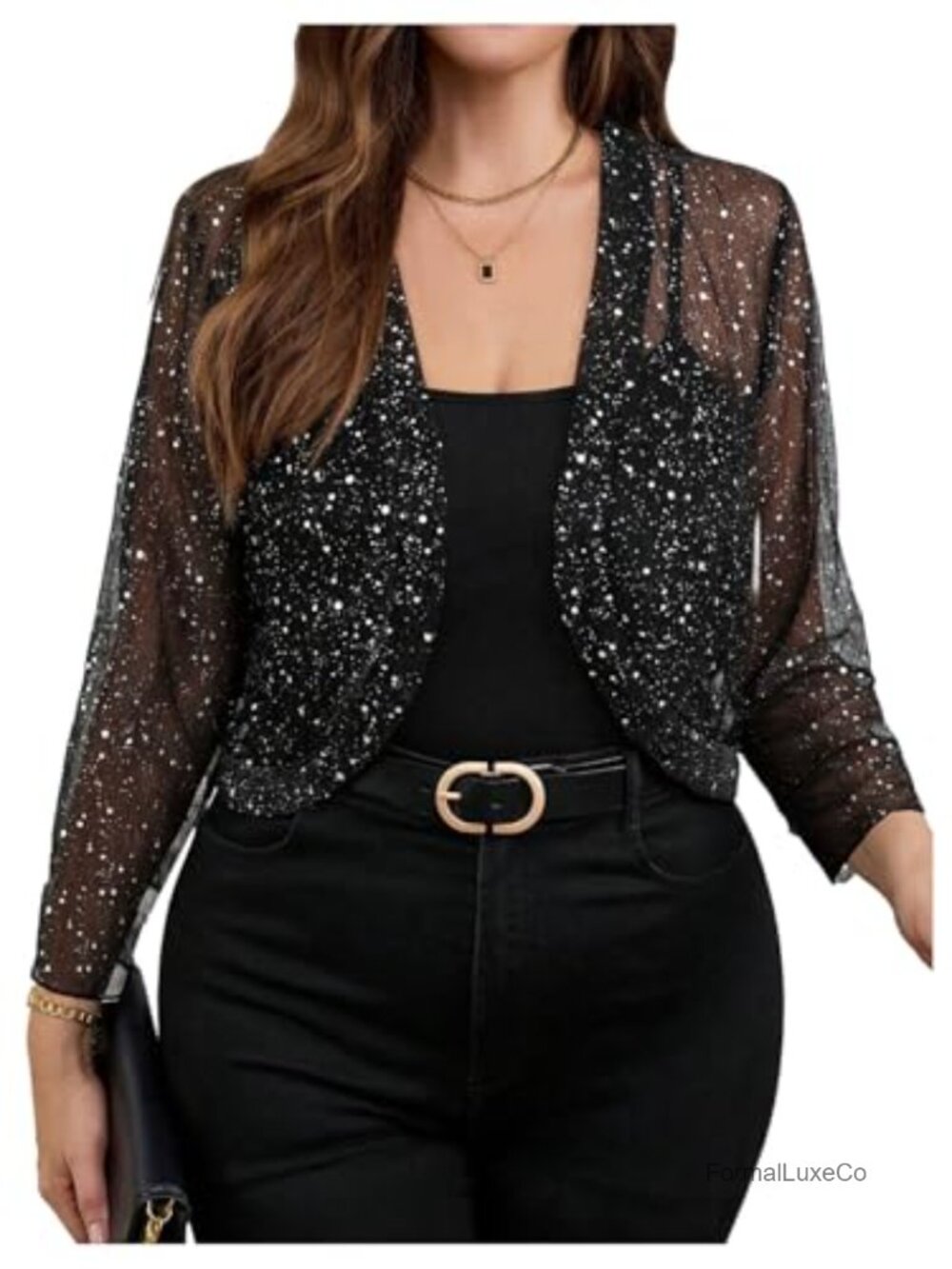 Plus Size Sequin Sheer Bolero Shrug Open Front Long Sleeve Party Cropped